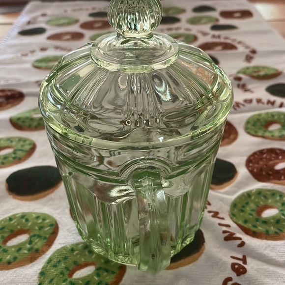 1930 ish Art deco anchor hocking glass green lidded sugar bowl - Picture 3 of 8